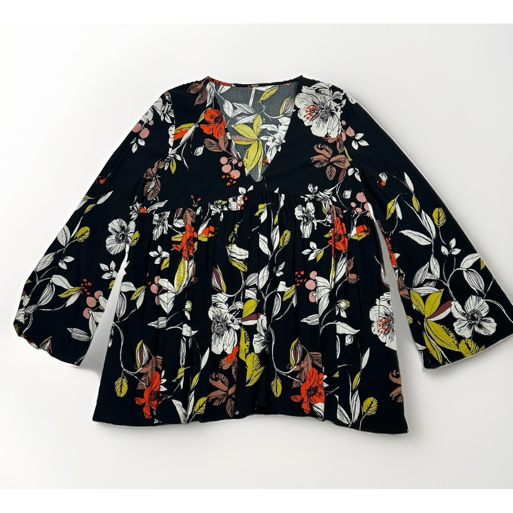 Free People Bella Print Tunic Blouse Womens M Black Floral‎ Boho Fairy Oversized